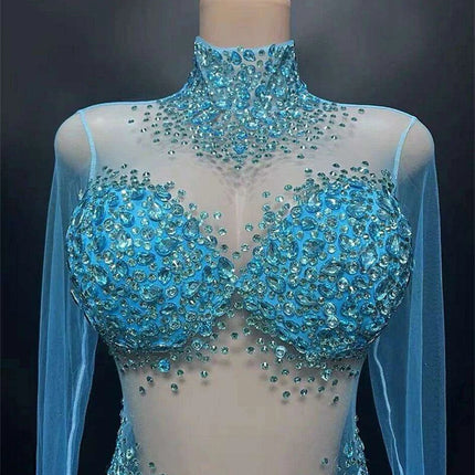 Elegant Sky Blue Sheer Evening Dress with Radiant Diamond Accents - Très Elite