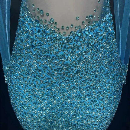 Elegant Sky Blue Sheer Evening Dress with Radiant Diamond Accents - Très Elite