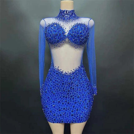 Elegant Sky Blue Sheer Evening Dress with Radiant Diamond Accents - Très Elite