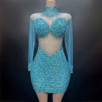 Elegant Sky Blue Sheer Evening Dress with Radiant Diamond Accents - Très Elite