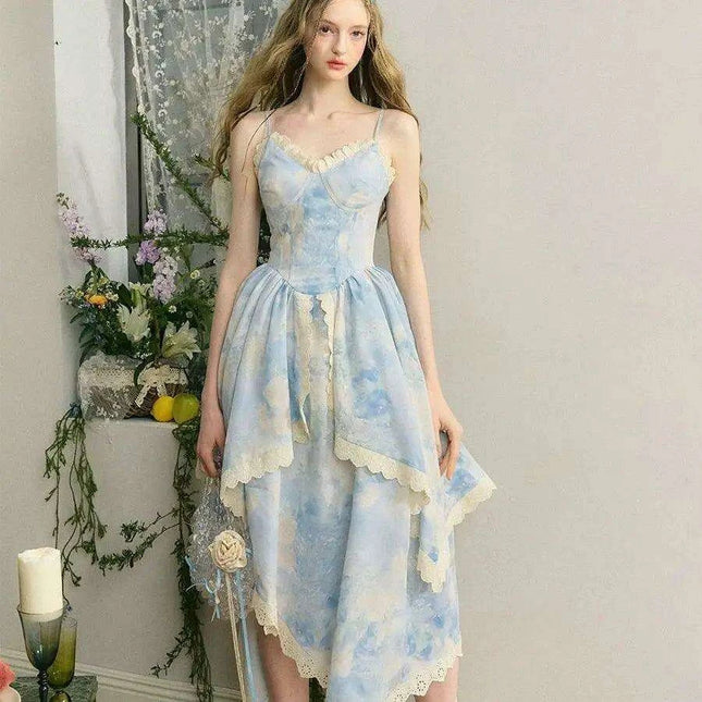 Elegant Sleeveless Midi Dress with Unique Lace and French Floral Accents