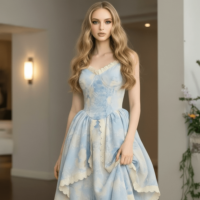 Elegant Sleeveless Midi Dress with Unique Lace and French Floral Accents