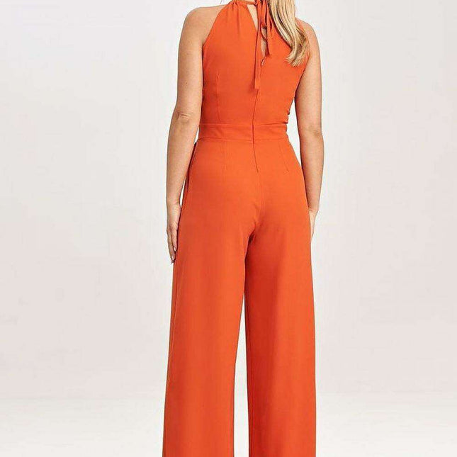 Elegant Sleeveless Wide-Leg Jumpsuit with Stylish Neck Tie Detail
