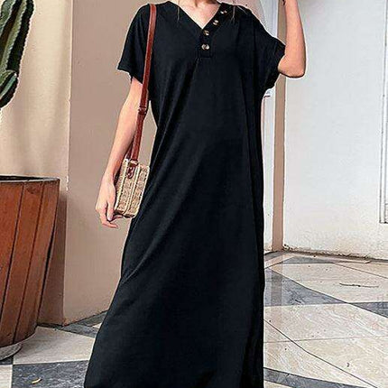 Elegant Solid V-Neck Dress with Button-Up Detailing and Relaxed Fit - Très Elite