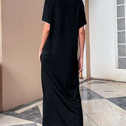 Elegant Solid V-Neck Dress with Button-Up Detailing and Relaxed Fit - Très Elite