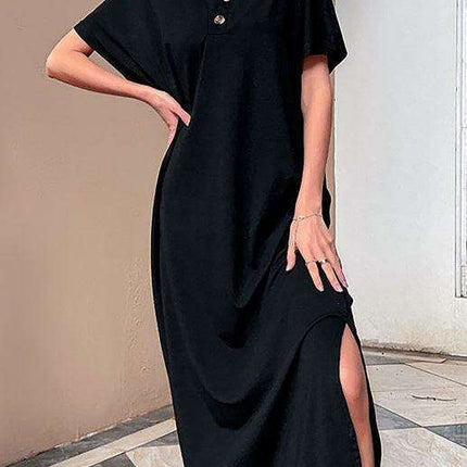 Elegant Solid V-Neck Dress with Button-Up Detailing and Relaxed Fit - Très Elite