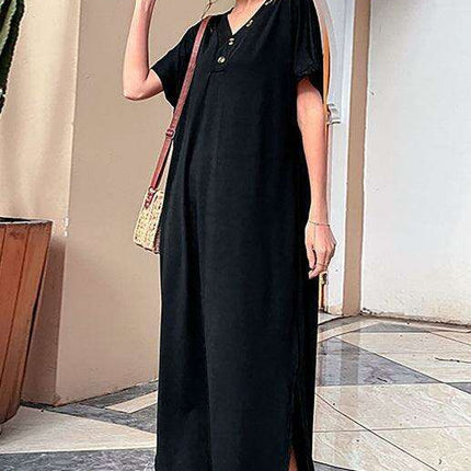 Elegant Solid V-Neck Dress with Button-Up Detailing and Relaxed Fit - Très Elite