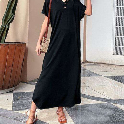 Elegant Solid V-Neck Dress with Button-Up Detailing and Relaxed Fit - Très Elite