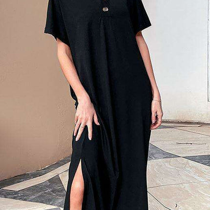 Elegant Solid V-Neck Dress with Button-Up Detailing and Relaxed Fit - Très Elite