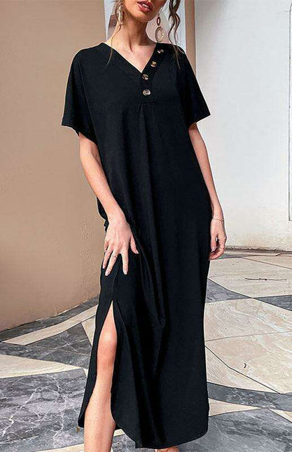 Elegant Solid V-Neck Dress with Button-Up Detailing and Relaxed Fit