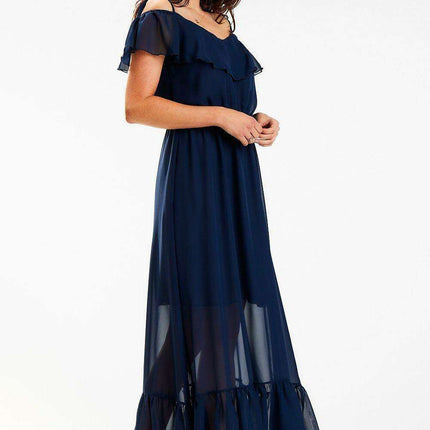 Elegant Spanish Ruffle Chiffon Maxi Dress with Stretchy Waistband - Très Elite