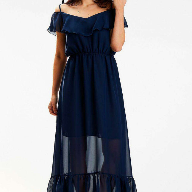 Elegant Spanish Ruffle Chiffon Maxi Dress with Stretchy Waistband