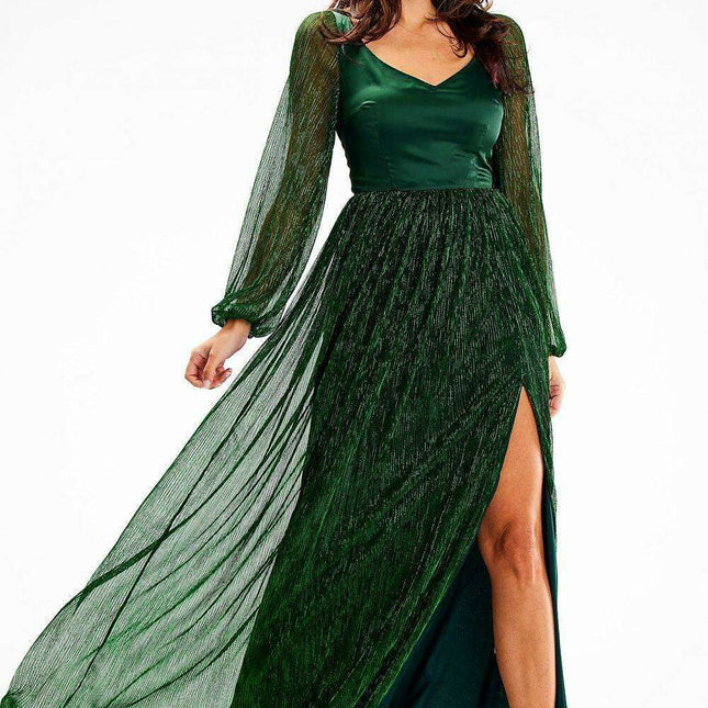Elegant Sparkling Mesh Maxi Dress with Sassy Thigh Slit