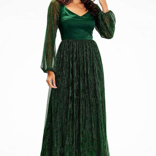 Elegant Sparkling Mesh Maxi Dress with Sassy Thigh Slit