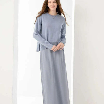 Elegant Spring Summer Outfit: Loose Knitted Top & Matte Satin Skirt Set - Très Elite