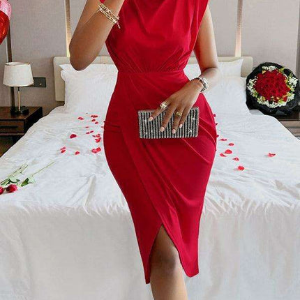 Elegant Stand Collar Dress with Side Slit for Women - Très Elite