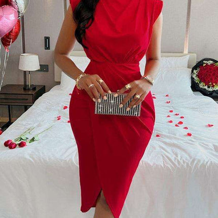Elegant Stand Collar Dress with Side Slit for Women - Très Elite