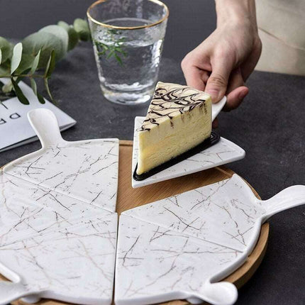 Elegant Stone-Textured Ceramic Cake Serving Set with Bamboo Tray - Très Elite