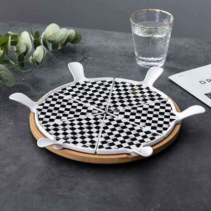 Elegant Stone-Textured Ceramic Cake Serving Set with Bamboo Tray - Très Elite