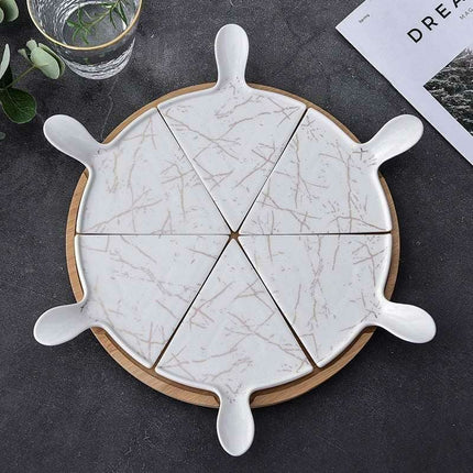 Elegant Stone-Textured Ceramic Cake Serving Set with Bamboo Tray - Très Elite