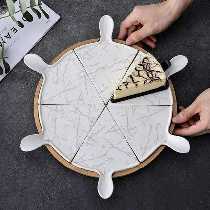 Elegant Stone-Textured Ceramic Cake Serving Set with Bamboo Tray - Très Elite