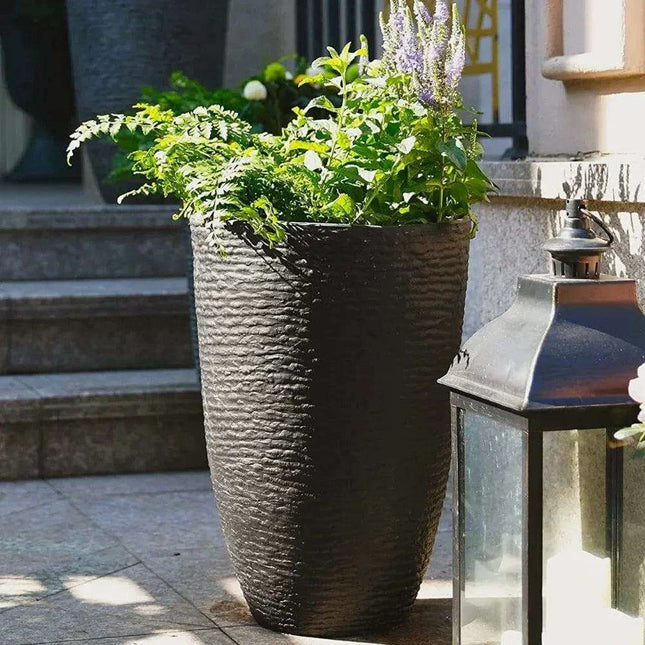 Elegant Stone Textured Tall Planter Set - Pair of 2 Resin Pots, 14'' Diameter