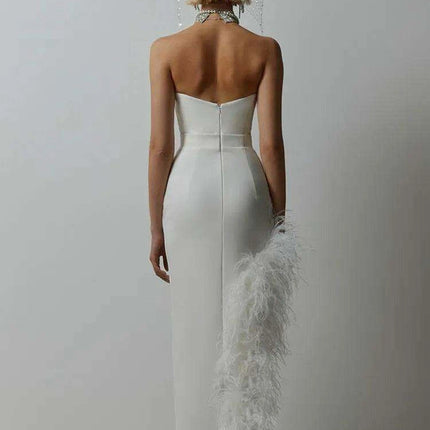 Elegant Strapless Black and White Feather Detail Bodycon Dress for Women