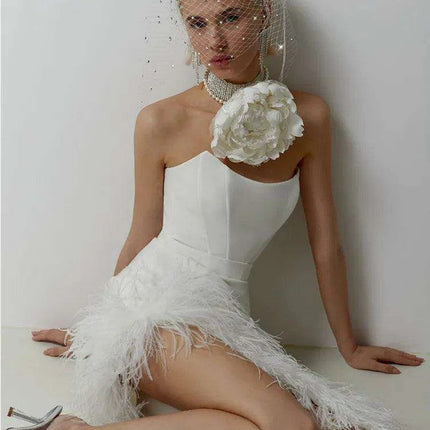 Elegant Strapless Black and White Feather Detail Bodycon Dress for Women