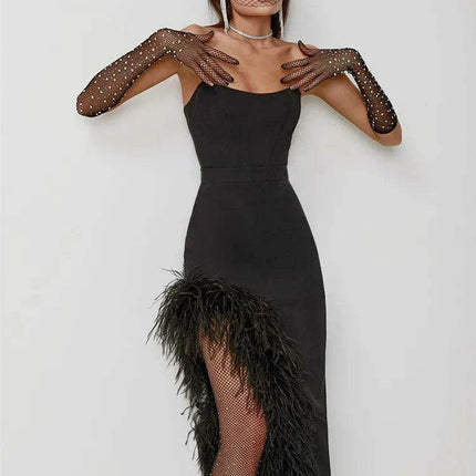 Elegant Strapless Black and White Feather Detail Bodycon Dress for Women