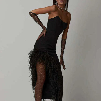 Elegant Strapless Black and White Feather Detail Bodycon Dress for Women
