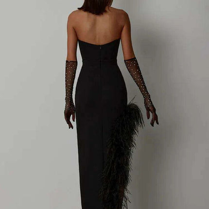 Elegant Strapless Black and White Feather Detail Bodycon Dress for Women