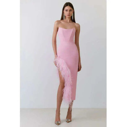 Elegant Strapless Black and White Feather Detail Bodycon Dress for Women