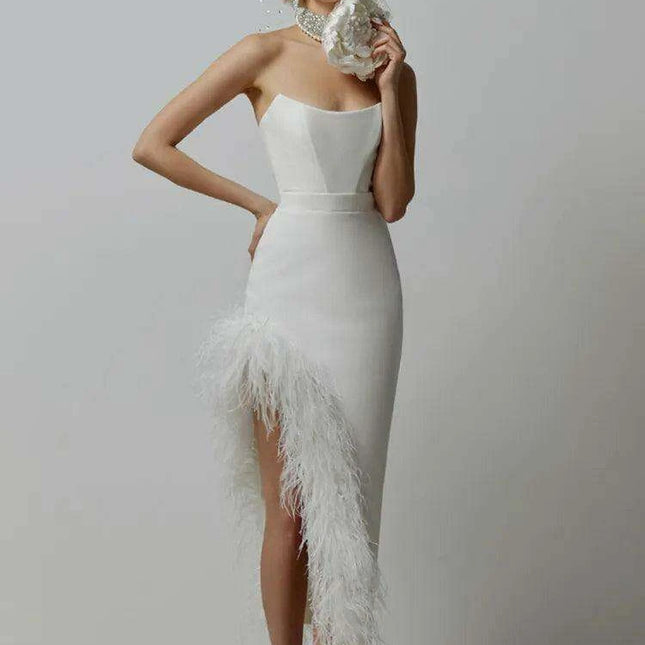 Elegant Strapless Black and White Feather Detail Bodycon Dress for Women