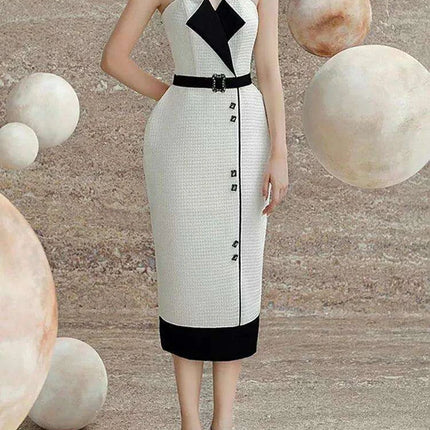 Elegant Strapless Jacquard Party Dress with Color Contrast Accents - Très Elite