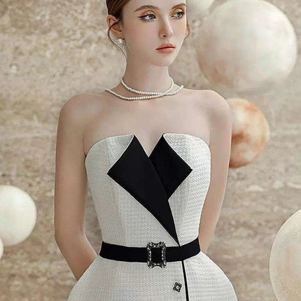 Elegant Strapless Jacquard Party Dress with Color Contrast Accents - Très Elite