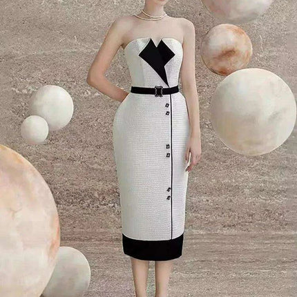 Elegant Strapless Jacquard Party Dress with Color Contrast Accents