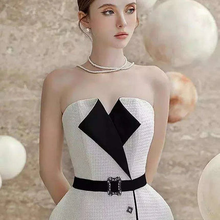 Elegant Strapless Jacquard Party Dress with Color Contrast Accents - Très Elite