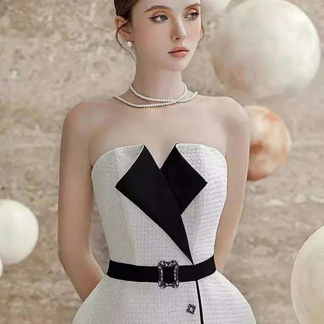 Elegant Strapless Jacquard Party Dress with Color Contrast Accents