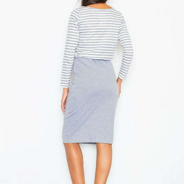 Elegant Striped Cotton Midi Dress with Comfortable Elastic Waist for Women
