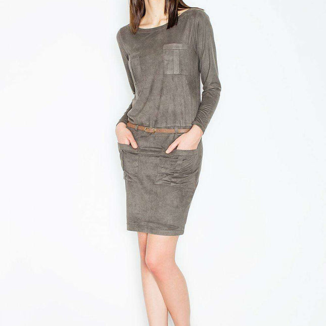 Elegant Suede-Like Mini Dress with Pockets and Waist-Cinching Belt
