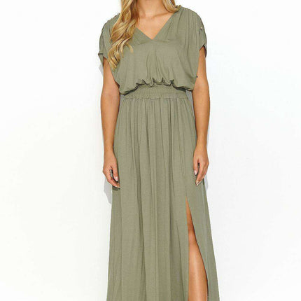 Elegant Summer Knit Maxi Dress with Gold Accent Sleeves