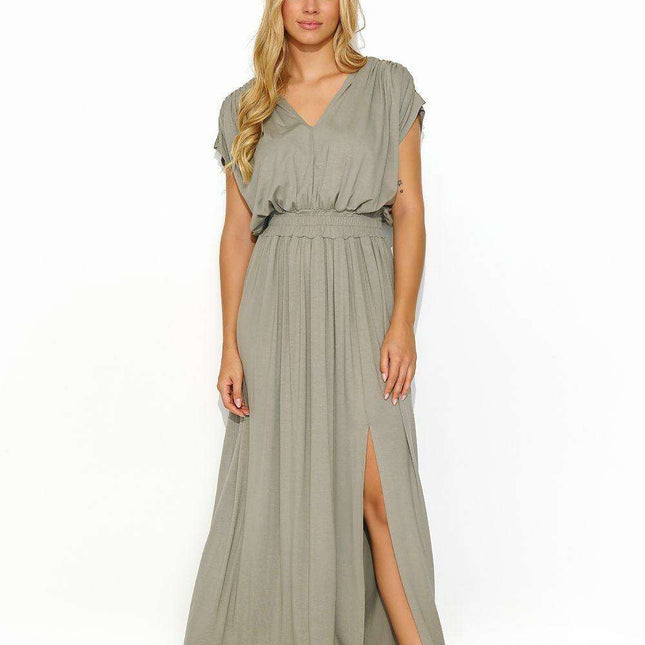 Elegant Summer Knit Maxi Dress with Gold Accent Sleeves