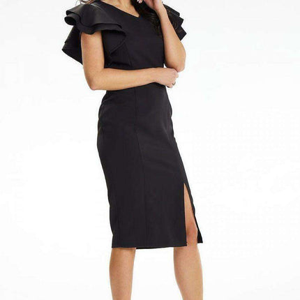Elegant Sweetheart Midi Dress with Delicate Shoulder Frills - Très Elite