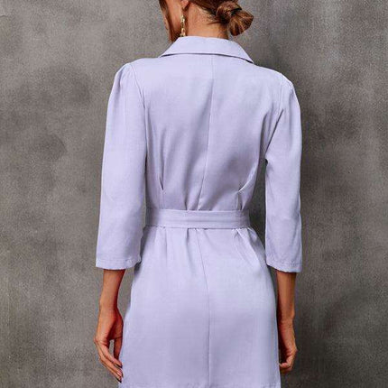 Elegant Tailored Blazer Dress with Adjustable Belt - Fashionable Button-Up Suit Dress - Très Elite