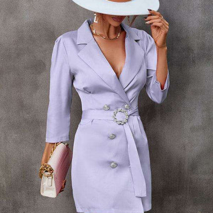 Elegant Tailored Blazer Dress with Adjustable Belt - Fashionable Button-Up Suit Dress - Très Elite