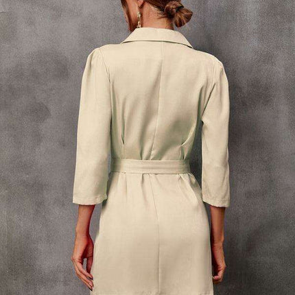 Elegant Tailored Blazer Dress with Adjustable Belt - Fashionable Button-Up Suit Dress - Très Elite
