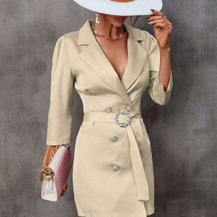 Elegant Tailored Blazer Dress with Adjustable Belt - Fashionable Button-Up Suit Dress - Très Elite