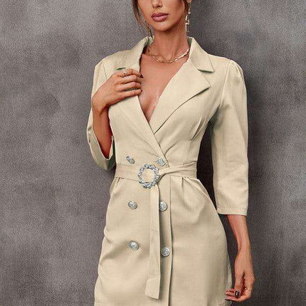Elegant Tailored Blazer Dress with Adjustable Belt - Fashionable Button-Up Suit Dress - Très Elite