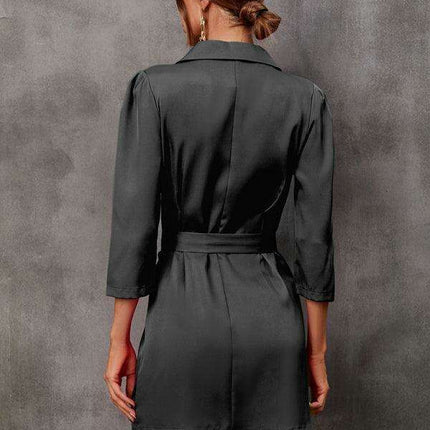 Elegant Tailored Blazer Dress with Adjustable Belt - Fashionable Button-Up Suit Dress - Très Elite