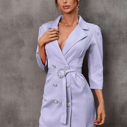 Elegant Tailored Blazer Dress with Adjustable Belt - Fashionable Button-Up Suit Dress - Très Elite